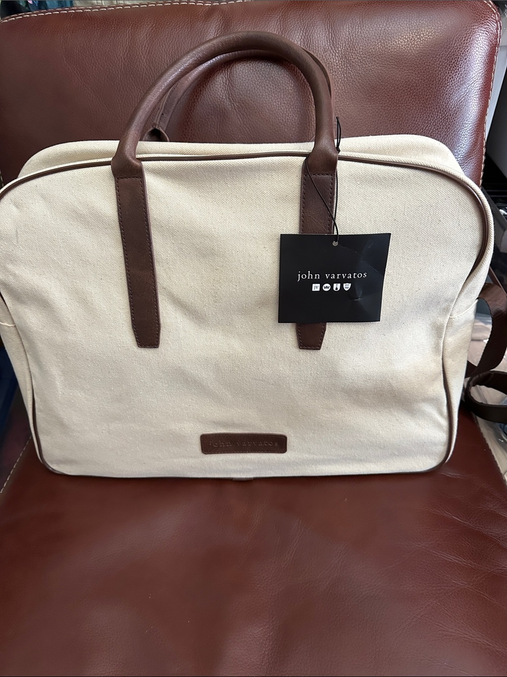 John Varvatos Canvas Weekender Duffel Travel Bag Cream Brown Trim